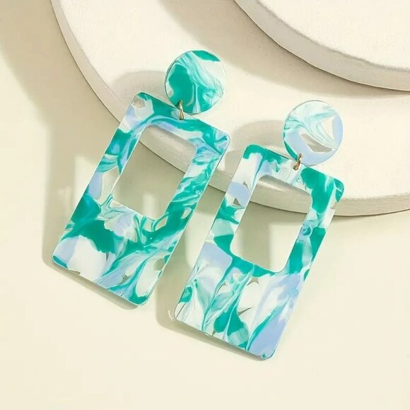 NEW - Hollow Rectangle Shape Colorful Graffiti Dangle Earrings Pierced (0161) - Picture 1 of 4